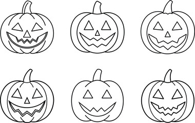 Set of Halloween Pumpkin Faces Line Art Vector - Jack O'Lantern Outline Collection