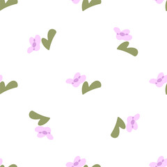 Seamless Pastel Spring Flower Pattern. Minimal seamless pattern with pink abstract flowers and green leaves, scattered on white background. Flat style in pastel colors, spring-themed design.