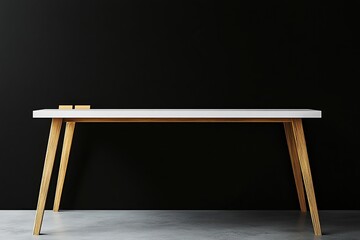 Minimalist black background for product display, white desk with wooden legs and two sticky notes