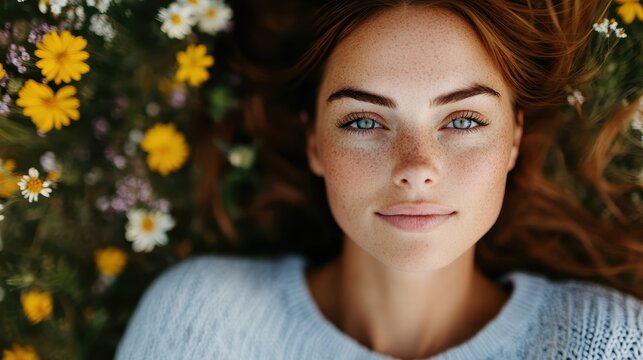 A serene young woman lies on vibrant wildflowers, casting a peaceful gaze toward the camera while exuding tranquility and a connection with nature's beauty and life.