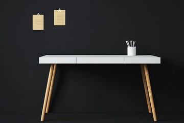 Minimalist black background for product display, white desk with wooden legs and two sticky notes