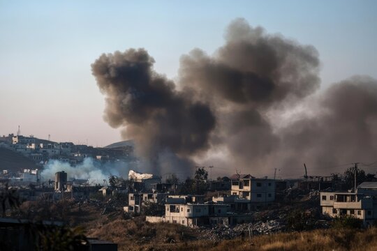 Smoke rises from buildings after an explosion in a conflict zone during the afternoon light