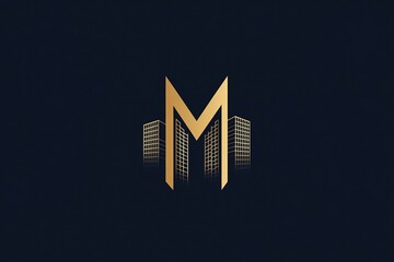 Logo design, minimalist style with building elements and the letter M in the middle of two buildings