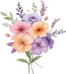 Delicate watercolor floral arrangement with pink peach and lavender blossoms and greenery isolated on transparent background