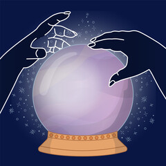 Magic ball with witch hands. Magic with magic ball on dark background. Hand drawn vector illustration © Elena