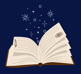 Open magic book radiating magic on dark background. Pages spilling magic. Hand drawn vector illustration.