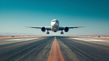 Obraz premium Front view of a passenger jet ascending from a flat runway on a sunny day, showcasing speed, technology, and travel inspiration airplane front view, runway departure, airliner asce