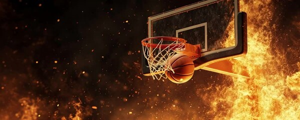Basketball soars toward hoop engulfed in flames, creating a dynamic sports concept. - Powered by Adobe