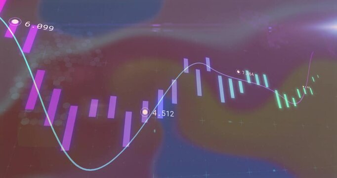 Data update driving candlestick chart and line showing descending and rising bars visualizing trend