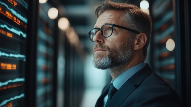 A professional man in a suit gazes thoughtfully at digital data displays in a server room, highlighting the importance of data analysis in modern business environments.