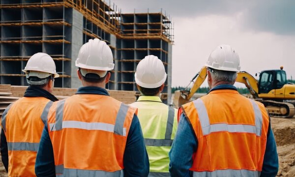 Construction engineers discussing wearing safety vest near excavator