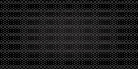 Dark grey abstract wide horizontal banner with hexagon carbon fiber grid and orange luminous lines. Technology vector background with orange neon lines