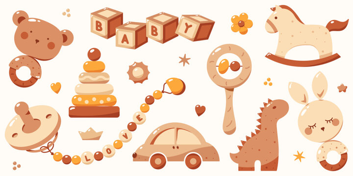 A set of cute children toys and elements painted in Bohemian colors. The package contains baby rattles, pyramid, car, pacifier, dinosaur and cubes.