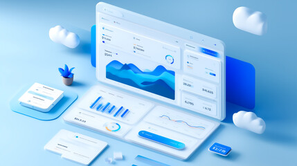 Illustration of SaaS dashboard with analytics and pricing UI. Top-down angle. Graphs, charts, and subscription panels in clean business style.