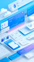Illustration of SaaS dashboard with analytics and pricing UI. Top-down angle. Graphs, charts, and subscription panels in clean business style.