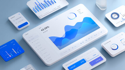 Illustration of SaaS dashboard with analytics and pricing UI. Top-down angle. Graphs, charts, and subscription panels in clean business style.