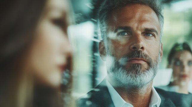 A thoughtful man gazes out of a window reflecting on life while commuting, capturing a moment of introspection amidst the hustle and bustle of urban life.