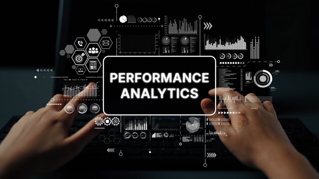 Data Visualization Dashboard for Performance Analytics with Graphs and Charts on Black Background. Asymptotic smart data analytic. - Powered by Adobe