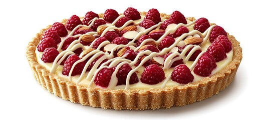 A raspberry almond tart with a drizzle of white chocolate