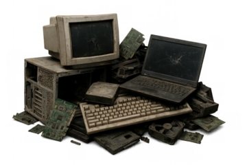 Discarded computer hardware - old crt monitor, damaged laptop, worn keyboard displaying electronic waste decay against transparent backdrop, representing digital age technology abandonment
