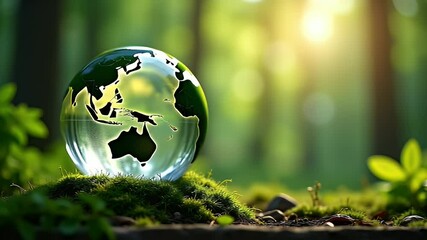 Spherical Planet in a Verdant Forest: A Glass Globe Amidst Nature's Bokeh Lights, Symbolizing World Environment Day and Eco-Friendly Living