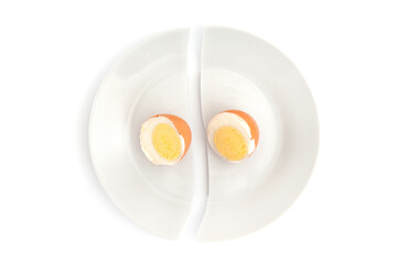 Two eggs on broken plate isolated  on a white background