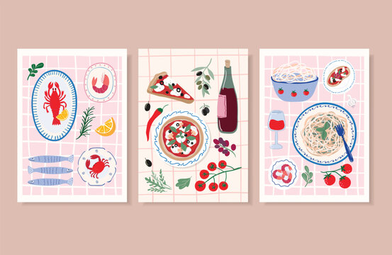 Mediterranean posters set with traditional food in retro style