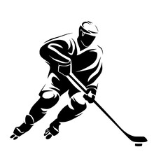 a black and white illustration of an ice hockey player with a stick black, hockey player, ice hockey player, illustration, puck, silhouette, stick , Generative art.