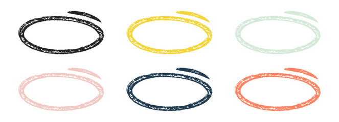 Grunge Hand Drawn Circle Highlights with dry brush or marker texture. Marker Color Scribble Elements Set. Sketchy rough oval and circular frames perfect for emphasizing text, UX design elements, note