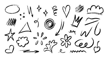 Hand drawn doodle sketch elements in black crayon texture on white background. Collection includes arrows, hearts, stars, crowns, spirals, abstract symbols, and playful shapes. Perfect for