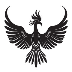 Obraz premium Stylized black phoenix silhouette with wings spread wide against white background