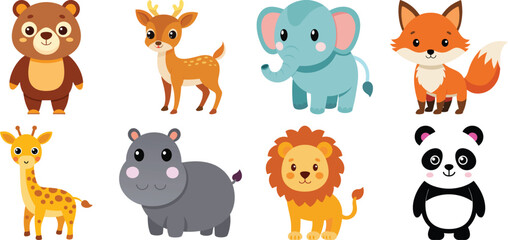 Cute cartoon type animals vector illustration set. Tiger, zebra, lion, hippo, panda, beart, deer collection
