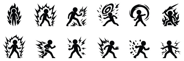 Stickman fantasy action figure silhouettes with magical energy effects, fire, aura and elemental powers in dynamic combat poses