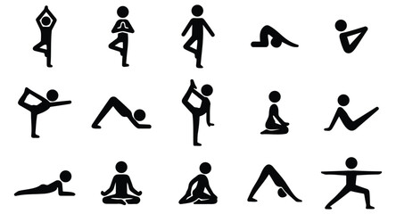Stickman silhouette icons of people performing yoga poses and stretching exercises in minimal black design