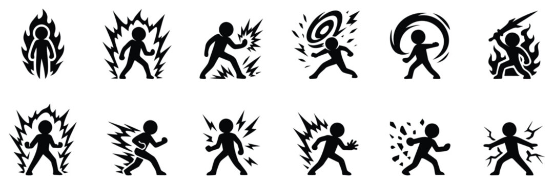 Stickman fantasy action figure silhouettes with magical energy effects, fire, aura and elemental powers in dynamic combat poses