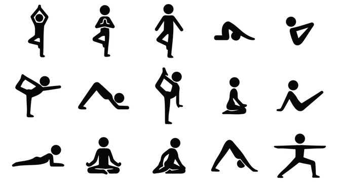 Stickman silhouette icons of people performing yoga poses and stretching exercises in minimal black design