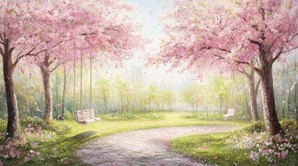 Fototapeta premium A serene park scene under blossoming pink cherry trees.