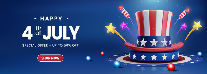 Festive Fourth of July Celebration Banner with Hat, Stars, and Fireworks © Dibastudio