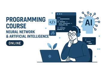 The banner discusses programming and coding courses, focusing on neural networks, s, and AI, all accessible online through various computer languages, with an emphasis on software development