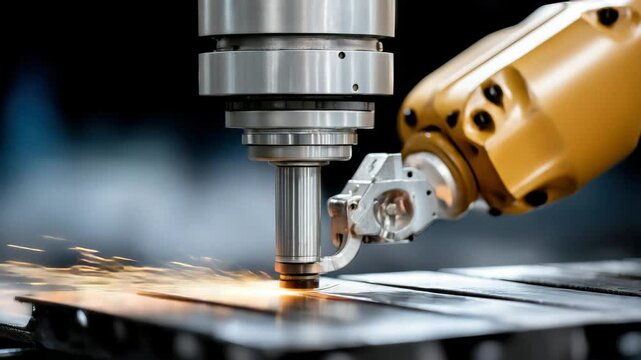 Close-up of a robotic arm performing precision cutting on metal with sparks flying, showcasing advanced manufacturing technology.