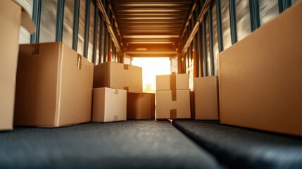 A collection of cardboard boxes is neatly arranged inside a delivery truck, illuminated by the warm golden light of a sunset, creating a sense of anticipation and movement.