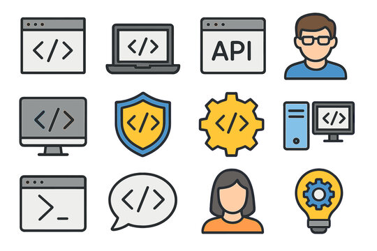 This icon set is related to programming and coding, and it includes a collection of software development icons, such as code, api, programmer, developer, information technology, coder, and many
