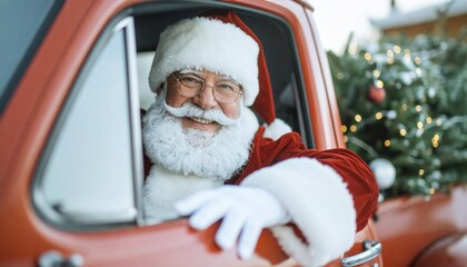 Portrait of Santa Claus with a smiling face ,with red cheeks, driving a red pickup truck. Generated image