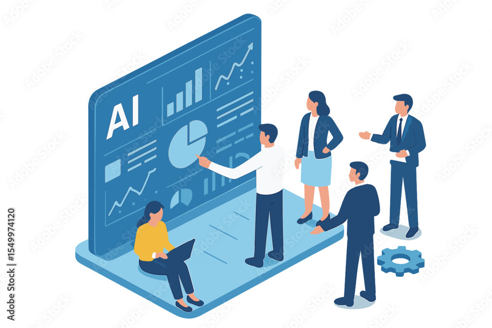 Poster data analytics management through isometric teamwork is displayed on a virtual screen hud dashboard 