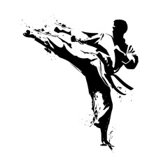 Fototapeta premium black silhouette of a man doing martial arts on a white background art, black, kick, man, martial, silhouette , Generative art.