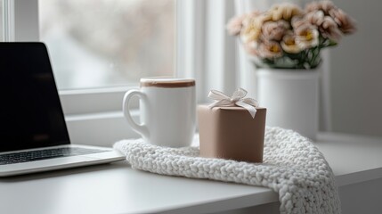 A gift-wrapped present rests on a windowsill, beside a laptop and a cup of coffee.