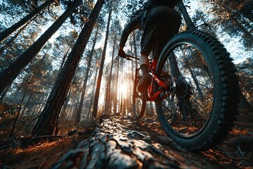 Mountain Biker Riding Through a Dense Forest at Sunset, Low Angle Perspective Shot