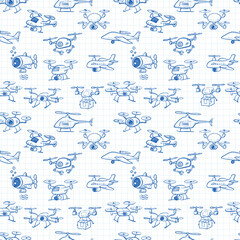 Seamless vector pattern of hand-drawn drones in a playful sketch style. Can be used for wallpaper, pattern fills, textile, web page background, surface textures.
