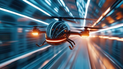 A sleek drone navigates a vibrant and energetic cityscape, embodying the advances of technology and innovation in urban environments with its futuristic design.