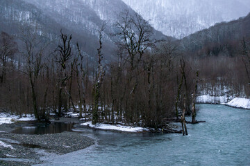 Serene winter landscape featuring a river winding through a forest of bare trees, with snow-covered...